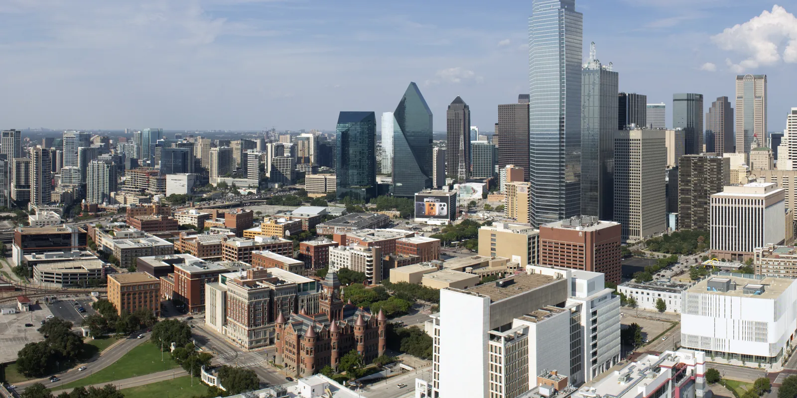 Downtown Dallas skyline on a sunny day, seen from above